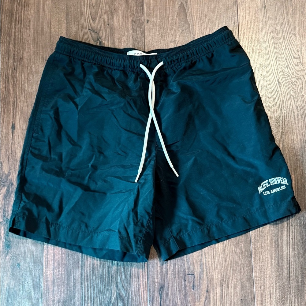 PacSun Men’s Black Swim Shorts with White Drawstring Size Small